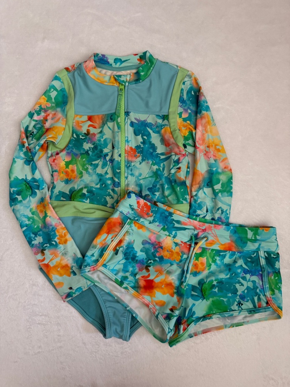Athleta Girl | Mock Neck Long Sleeve One-Piece Swimsuit & Shorts Set (M 8-10)